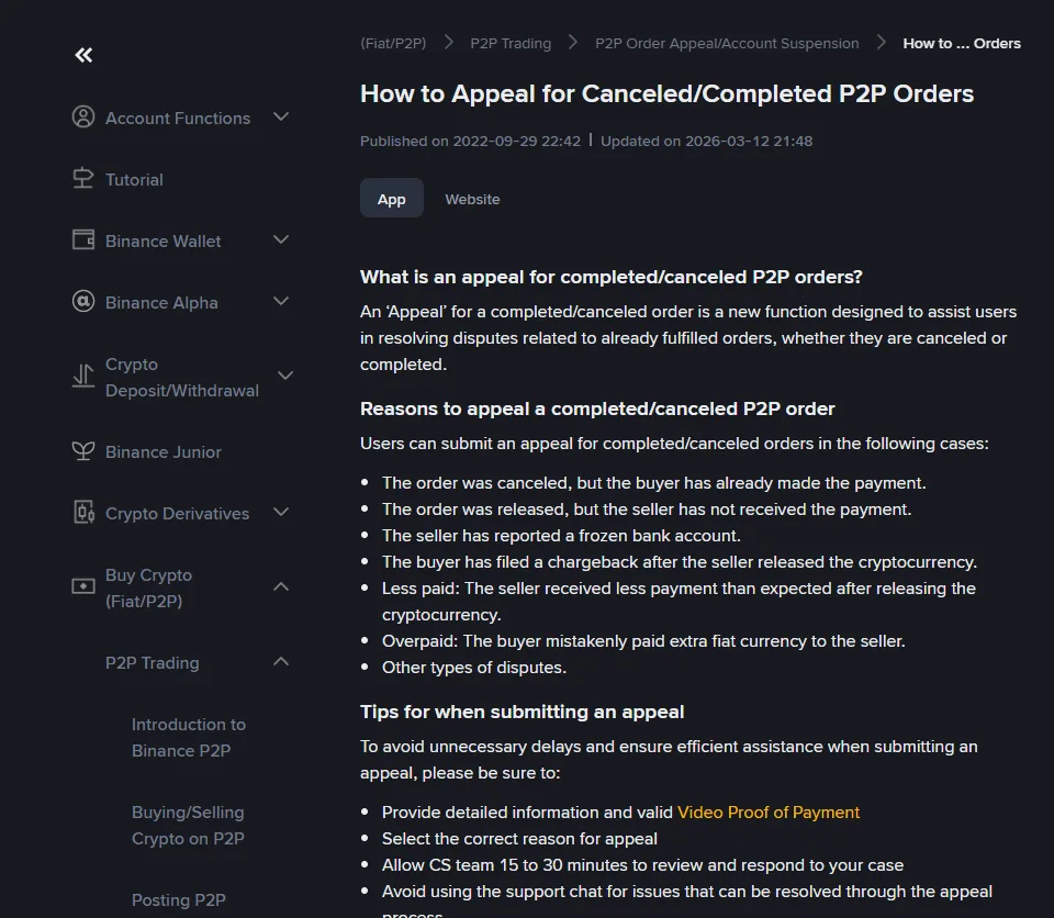 Binance help article titled How to Appeal for Canceled/Completed P2P Orders, updated 12 March 2026, listing the reasons you can appeal for and tips such as providing a video proof of payment and allowing 15 to 30 minutes for a reply