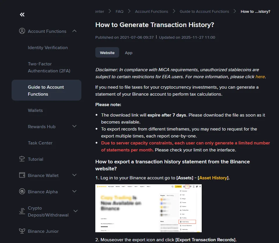 Binance help center article titled How to Generate Transaction History, with notes that the download link expires after 7 days and that each user can generate a limited number of statements per month, and step 1 pointing to Assets then Asset History