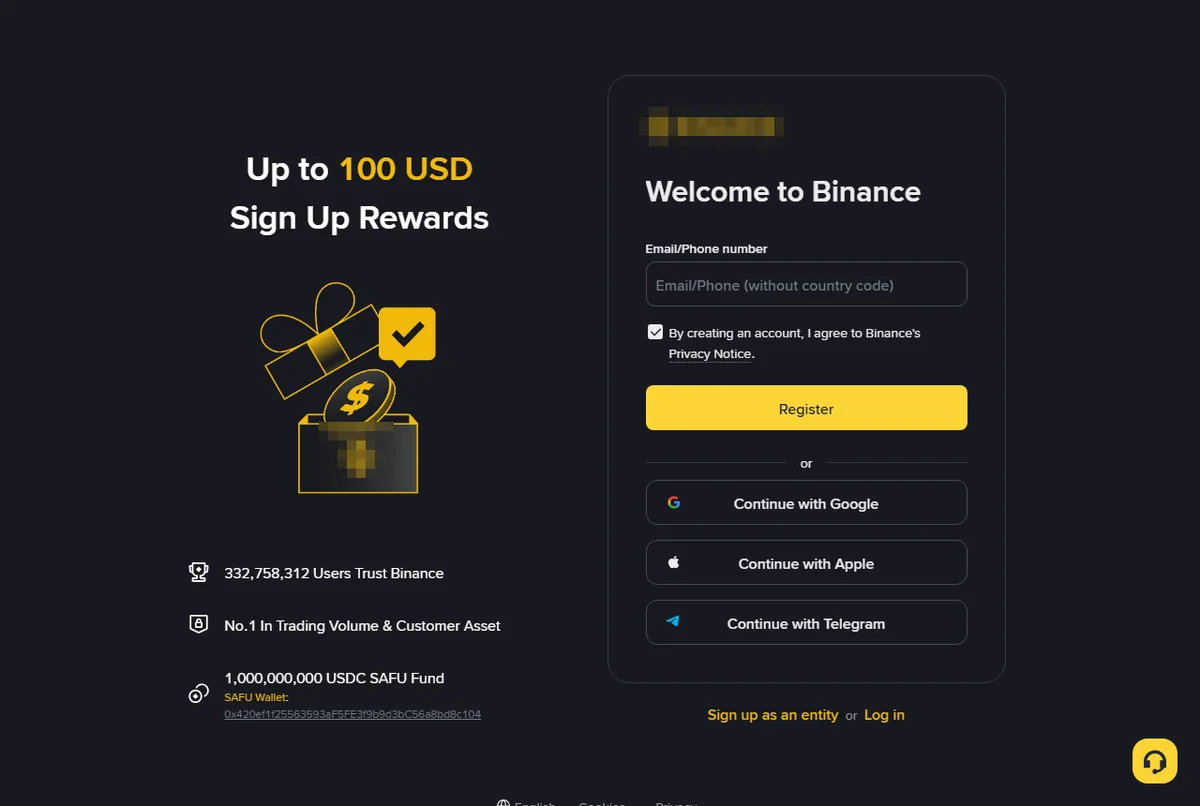 The Binance sign-up page in a desktop browser, with one field for an email address or phone number, a Register button, and buttons to continue with Google, Apple or Telegram; the Binance logo is pixelated