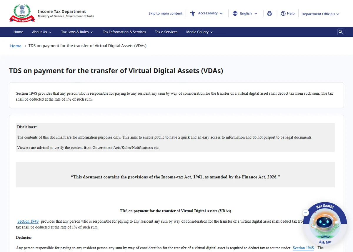 Income Tax Department page titled TDS on payment for the transfer of Virtual Digital Assets, stating that section 194S requires 1% of the consideration to be deducted and that the page reflects the Income-tax Act 1961 as amended by the Finance Act 2026