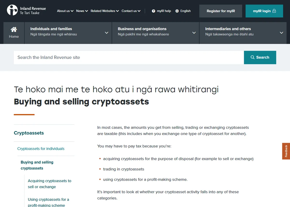 Inland Revenue page titled Buying and selling cryptoassets, saying that in most cases the amounts you get from selling, trading or exchanging cryptoassets are taxable, including exchanging one cryptoasset for another