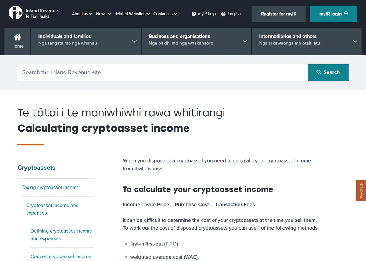 Inland Revenue New Zealand page titled Calculating cryptoasset income, showing the formula sale price minus purchase cost minus transaction fees and two methods: first-in first-out and weighted average cost