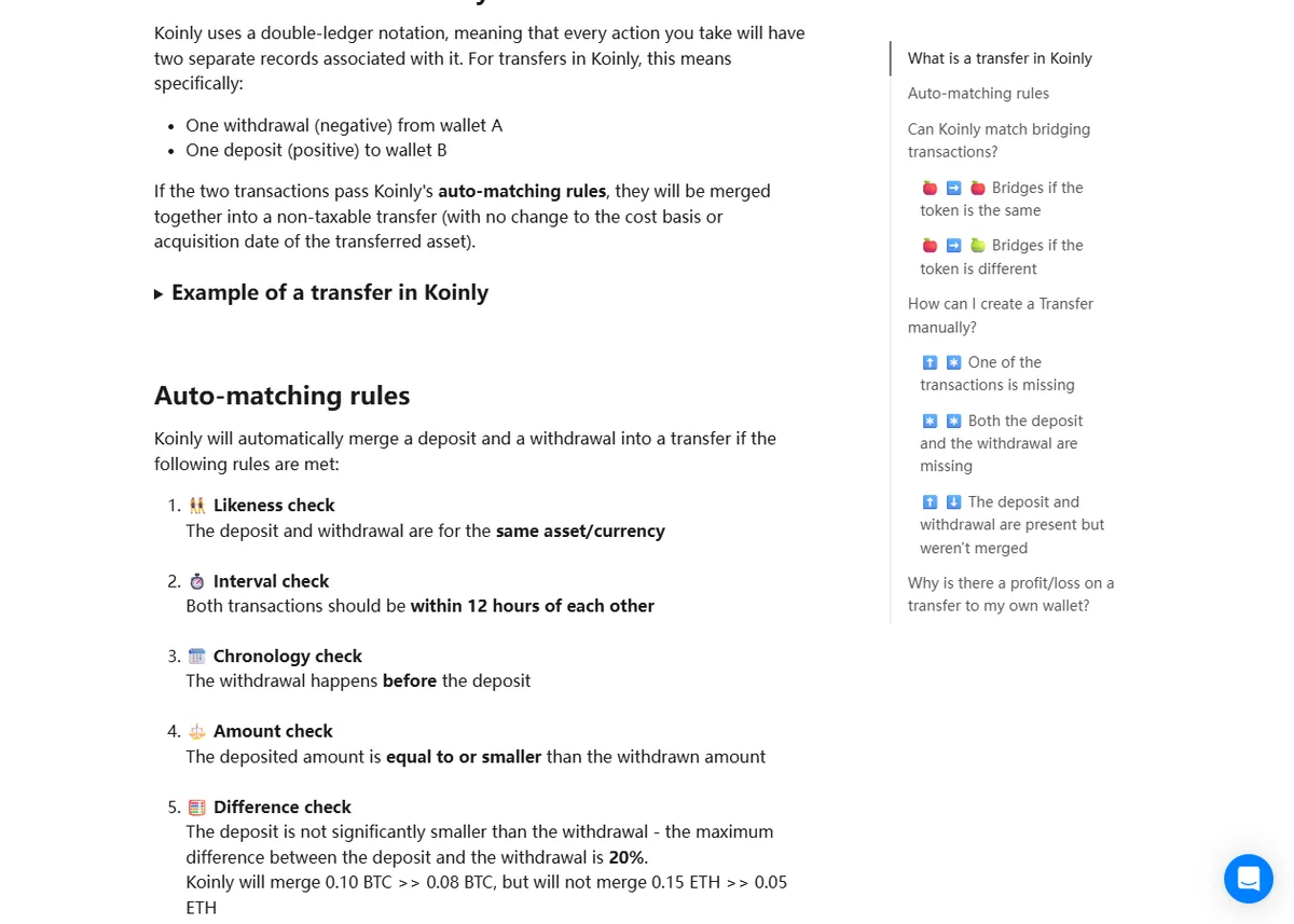 Koinly help article listing its auto-matching rules for transfers: same asset, within 12 hours of each other, withdrawal before the deposit, deposit equal to or smaller than the withdrawal, and a maximum difference between the two