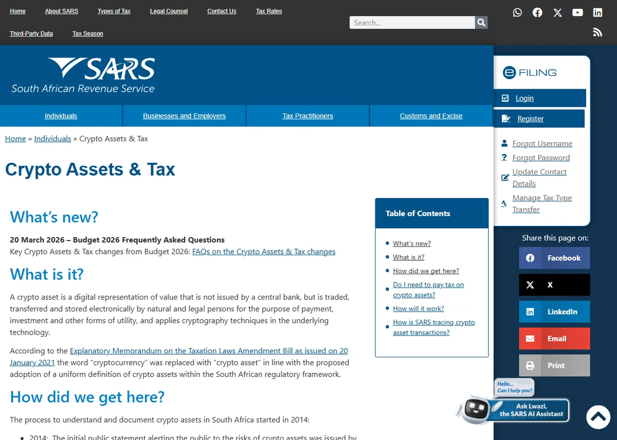 SARS page titled Crypto Assets and Tax, with a note dated 20 March 2026 linking to FAQs on the crypto changes from Budget 2026, and a table of contents covering what crypto assets are, whether you pay tax and how SARS traces transactions